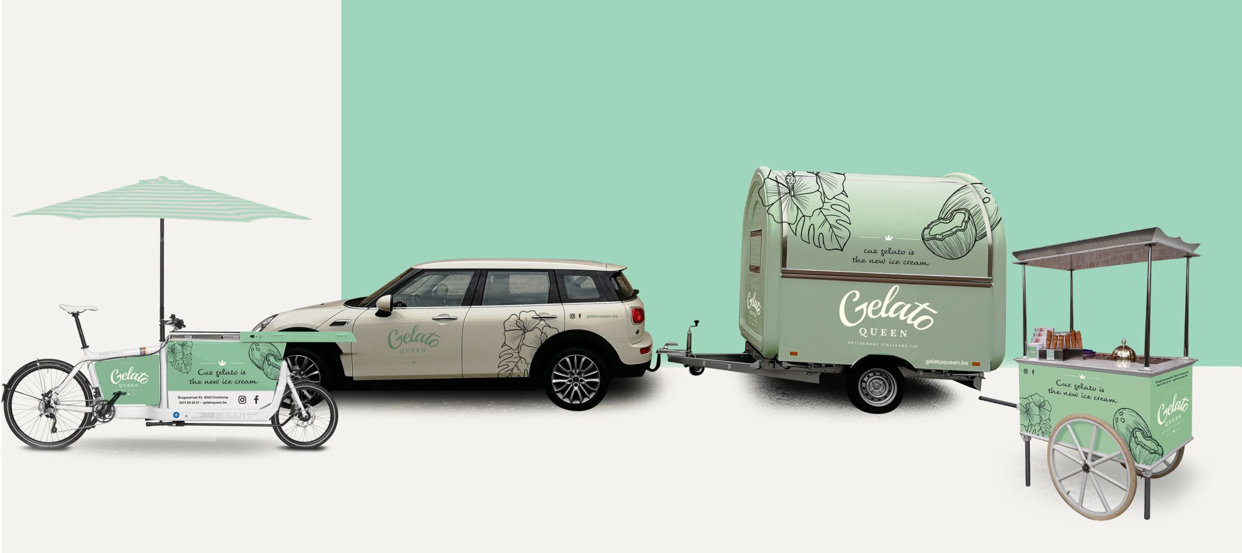 De eventvloot van Gelato Queen naast elkaar: bakfiets, MINI met trailer, ijstrailer en ijskar